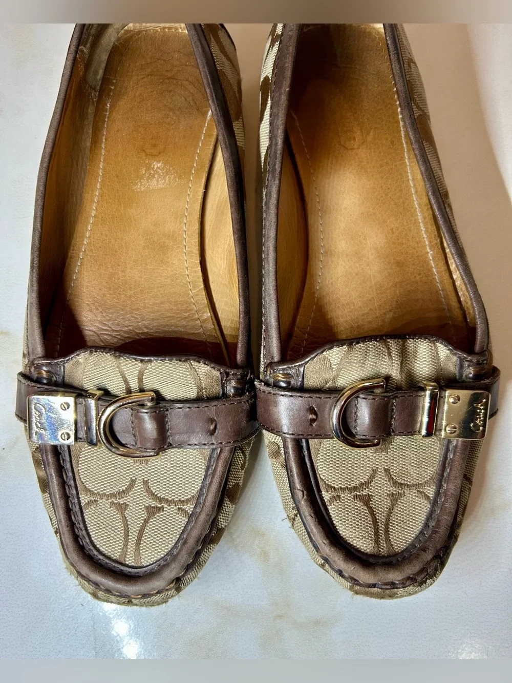 Coach Brown Logo Canvas Leather-Trim Loafers with Buckle Detail